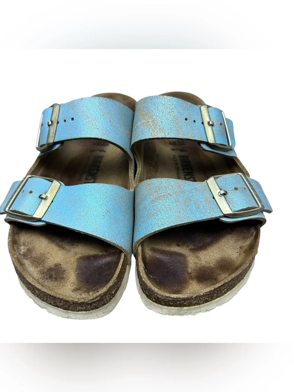 Birkenstock Womens Arizona Washed Metallic Aqua Suede Slides Sandals 38 EU/ 7 US
